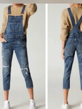 Blank NYC Distressed Blue Denim Cropped Overalls 25